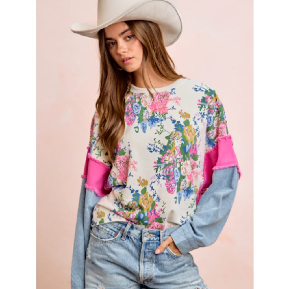Bibi Floral Print Terry with Denim Sleeves